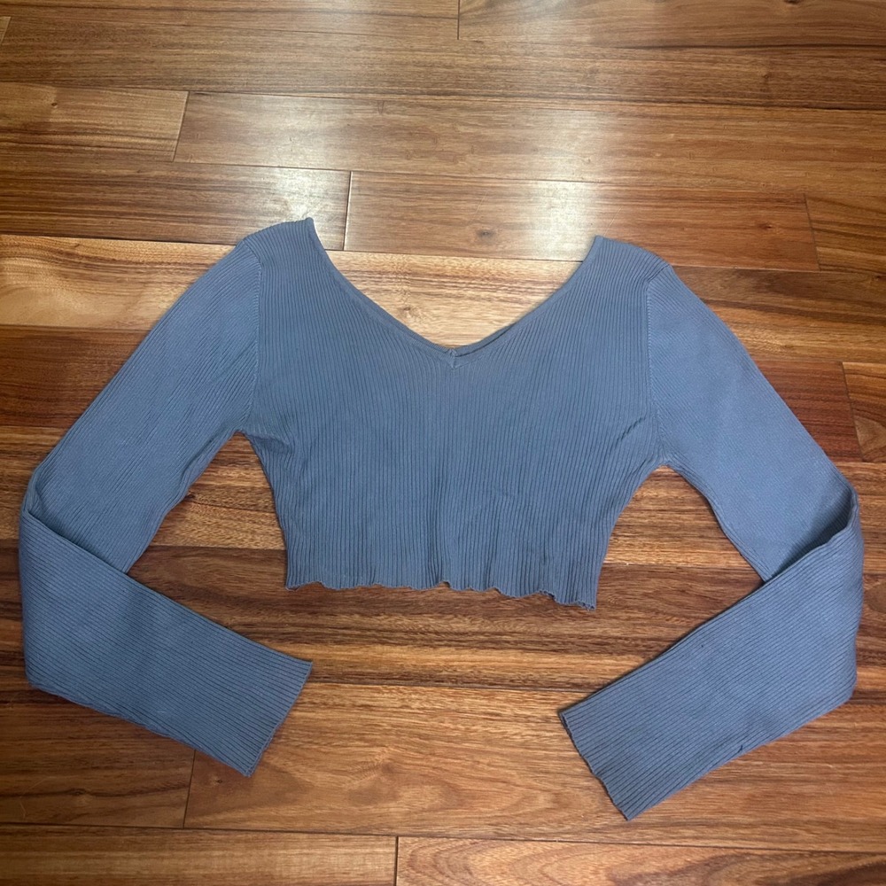 Love Tree Ribbed Crop Top Long Sleeve V Neck Pullover Blue XL